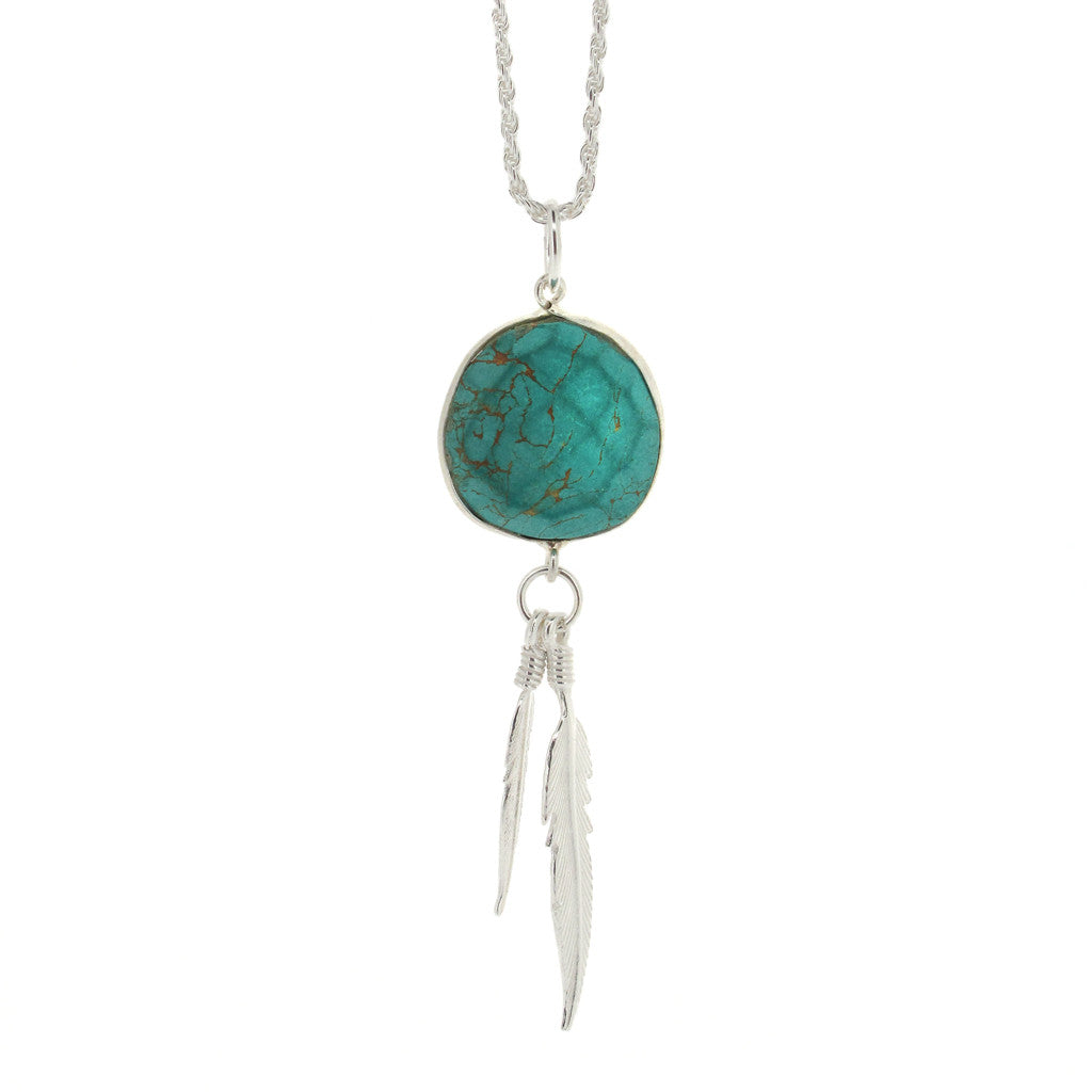 Double sterling silver feather - Turquoise stone pendant on sterling silver chain