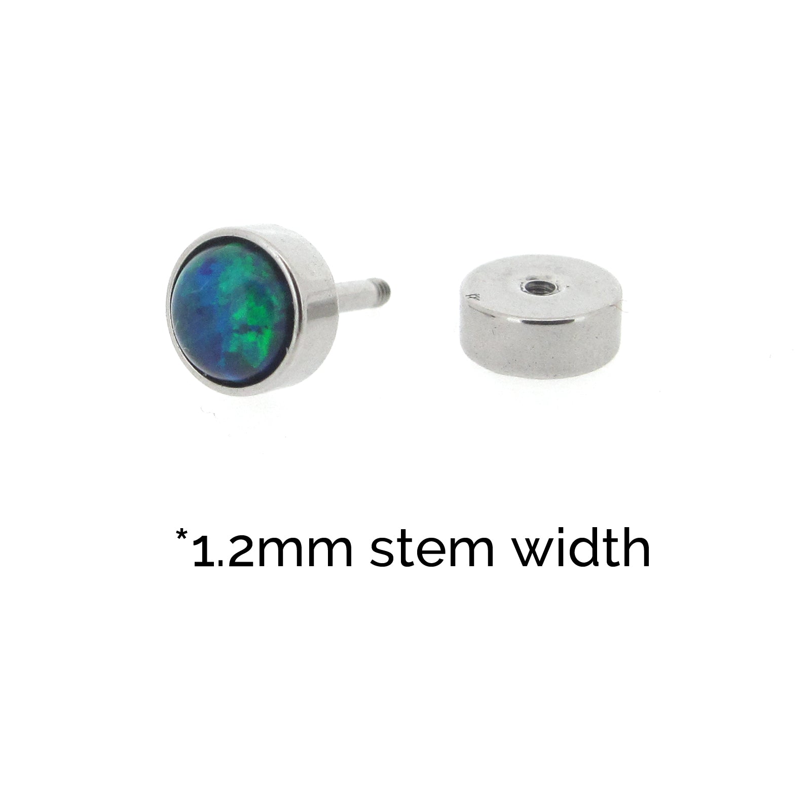Opal- blue, stainles steel flesh tunnel earrings. 1.2mm stem