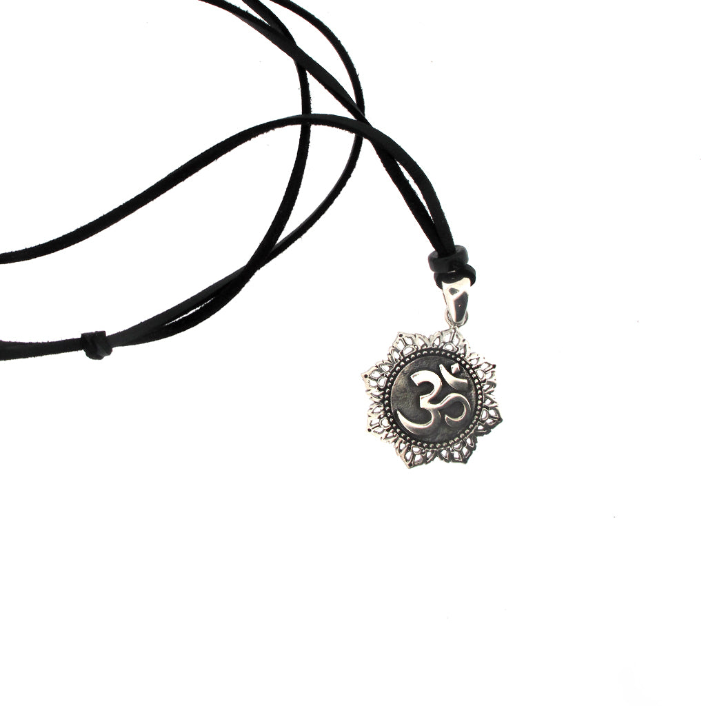 Om and Lotus flower sterling silver pendant, on black faux suede