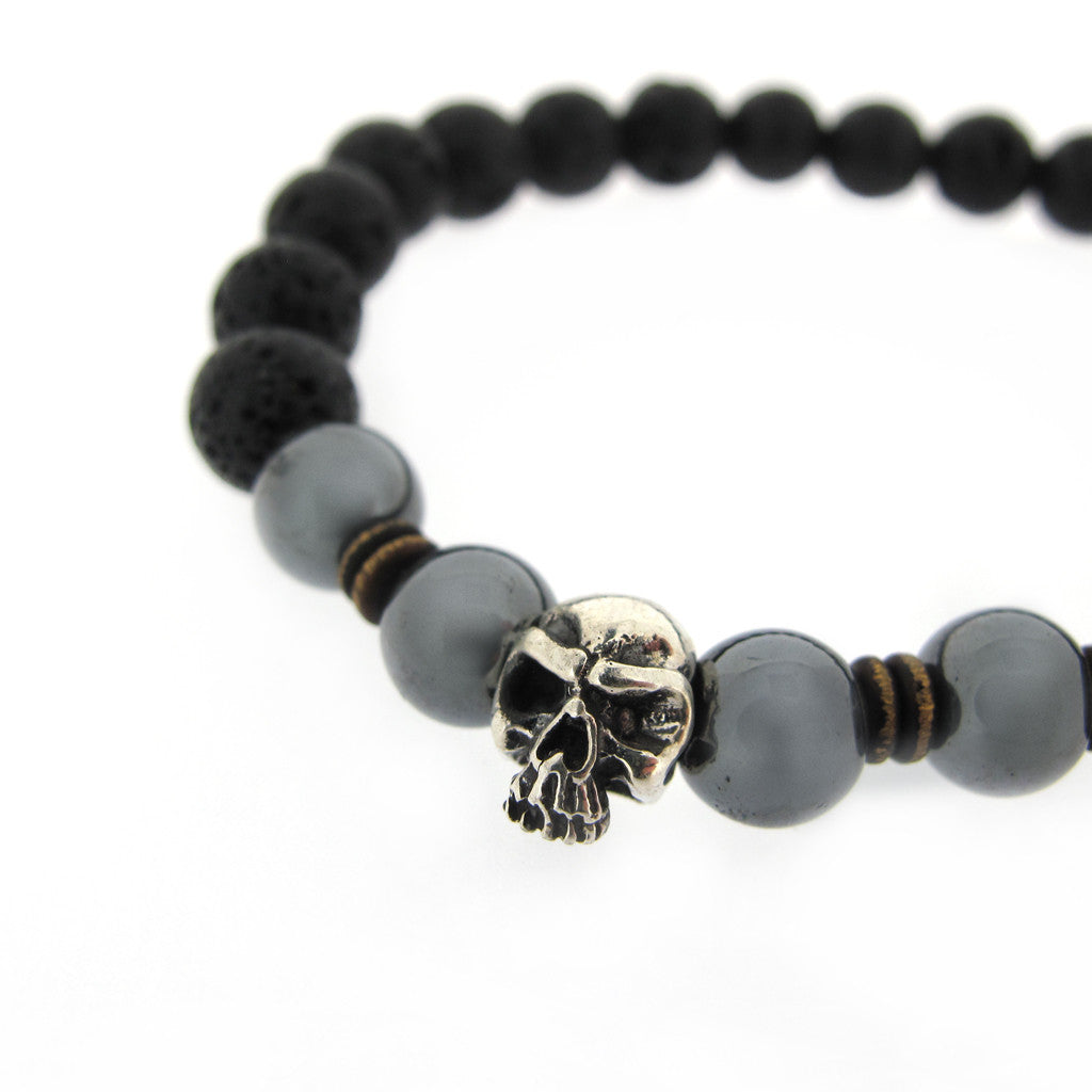 Kraggy Sterling Silver Skull on Lava Bead Bracelet