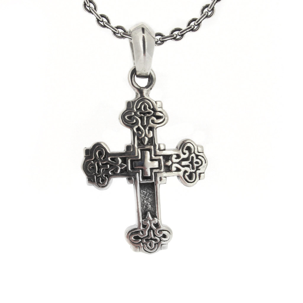 Rococo cross sterling silver pendant, on sterling silver chain