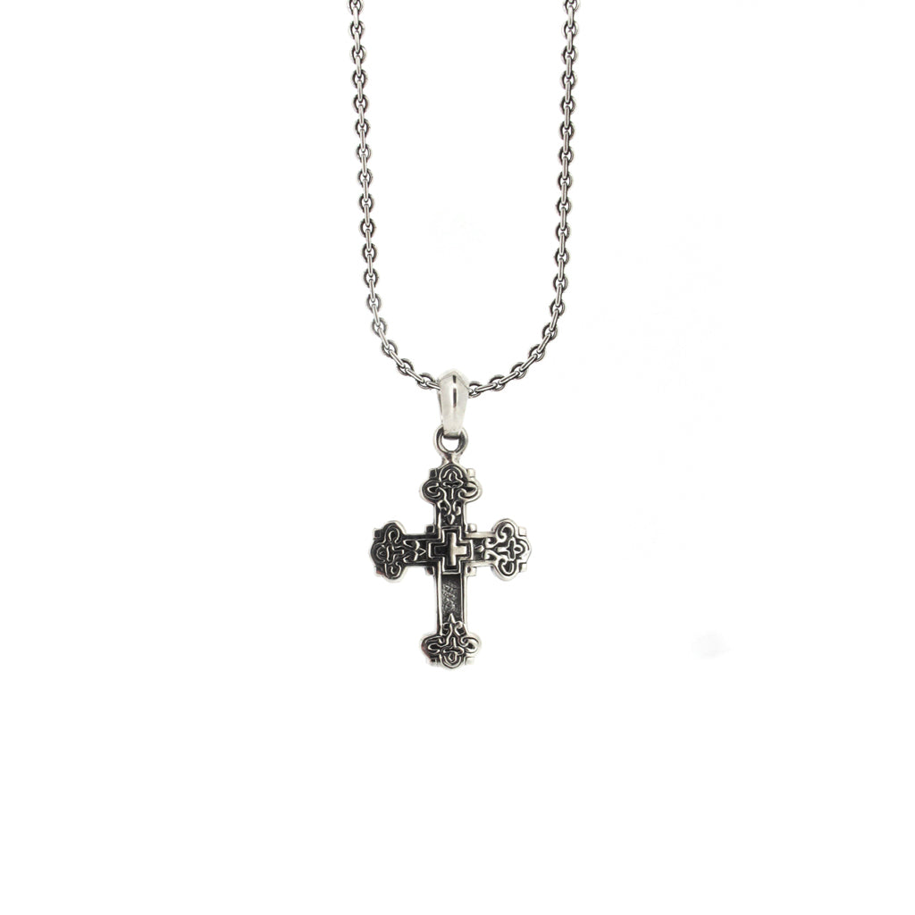 Rococo cross sterling silver pendant, on sterling silver chain