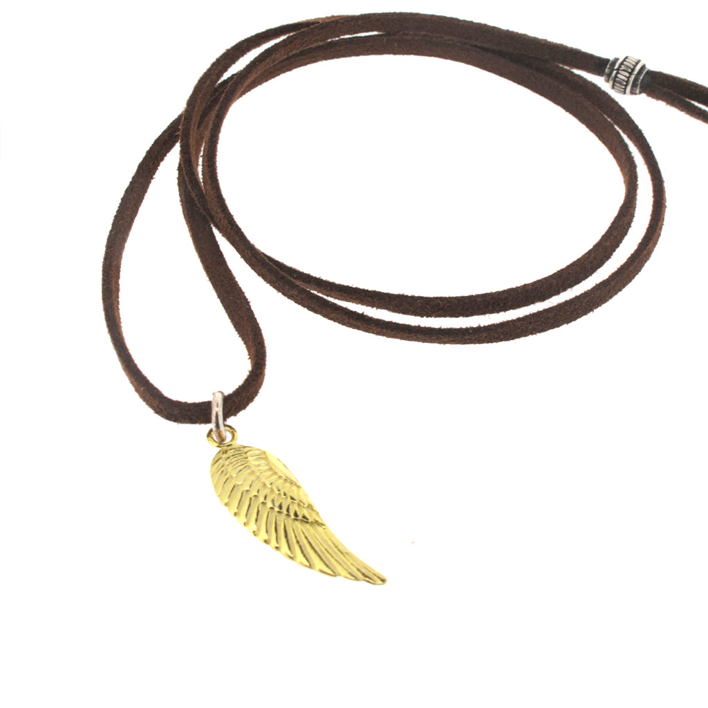 Gold plate and sterling silver wing on brown faux suede