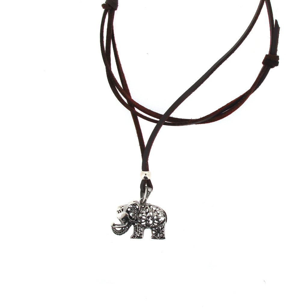 Filigree elephant sterling silver pendant on brown faux suede cord