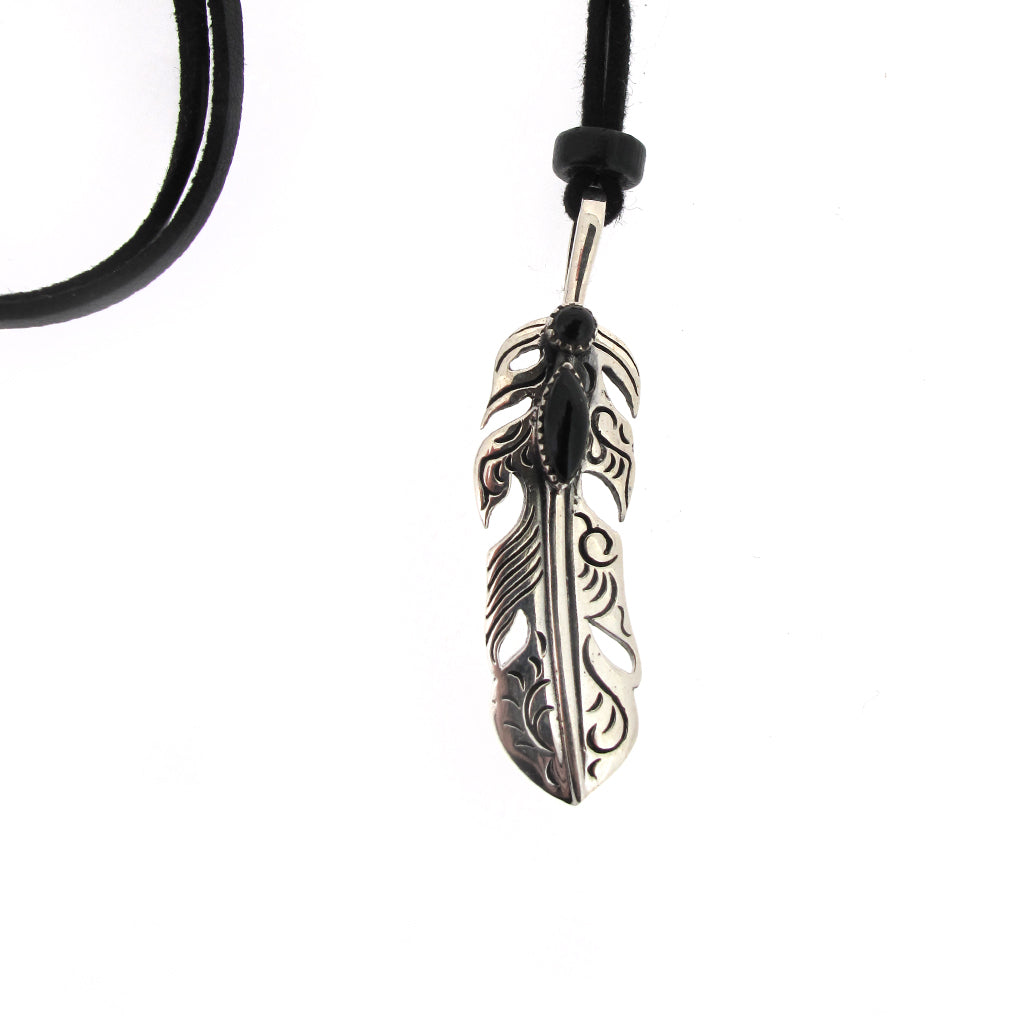 Feather pendant with Onyx gemstone, sterling silver on black faux suede