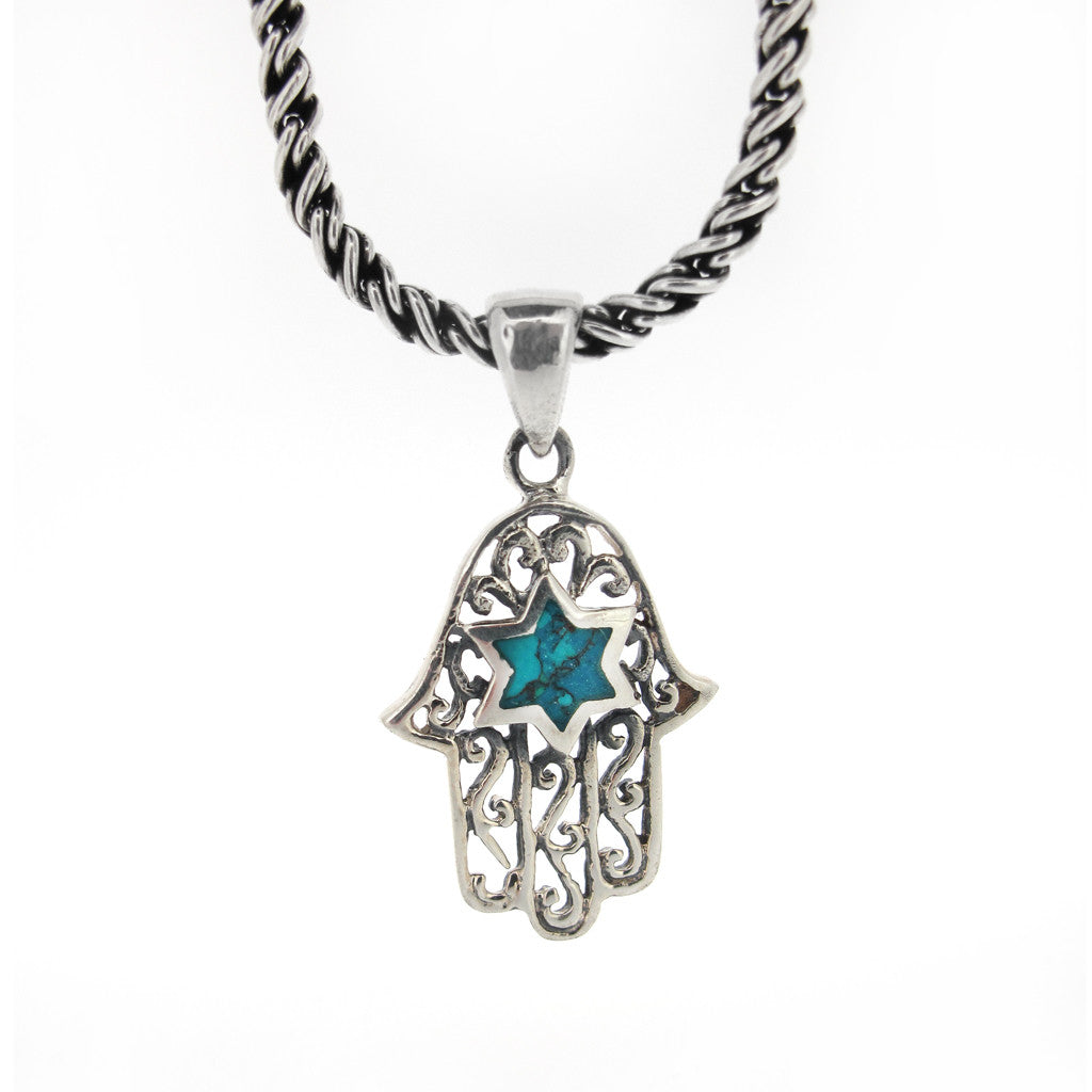 Hand of Fatima, sterling silver with Turquoise stone on sterling silver rope chain