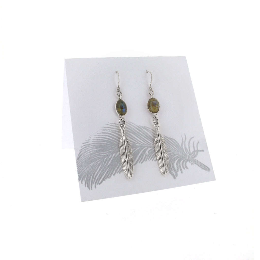 Labradorite stone and feather sterling sliver earrings, on sterling silver ear hook