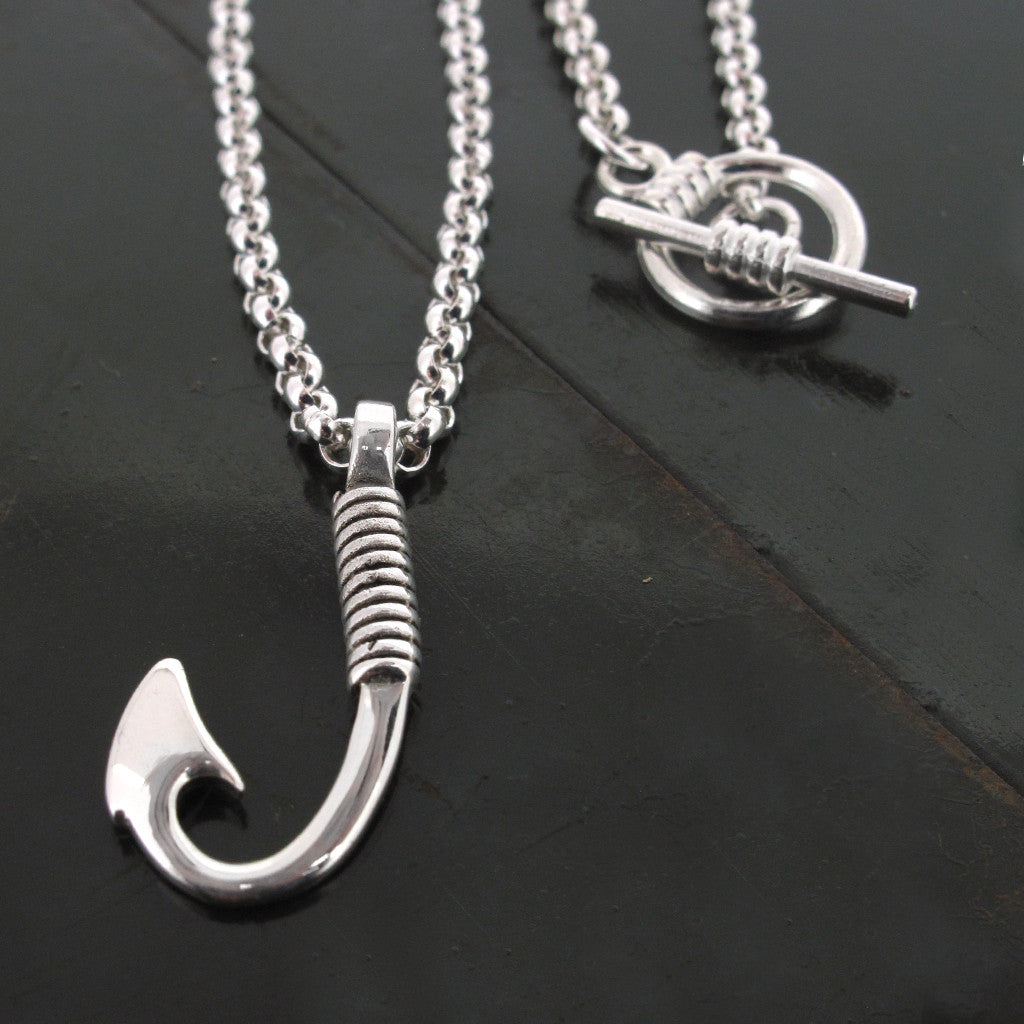 Fishing hook sterling silver pendant on sterling silver chain with T-bar