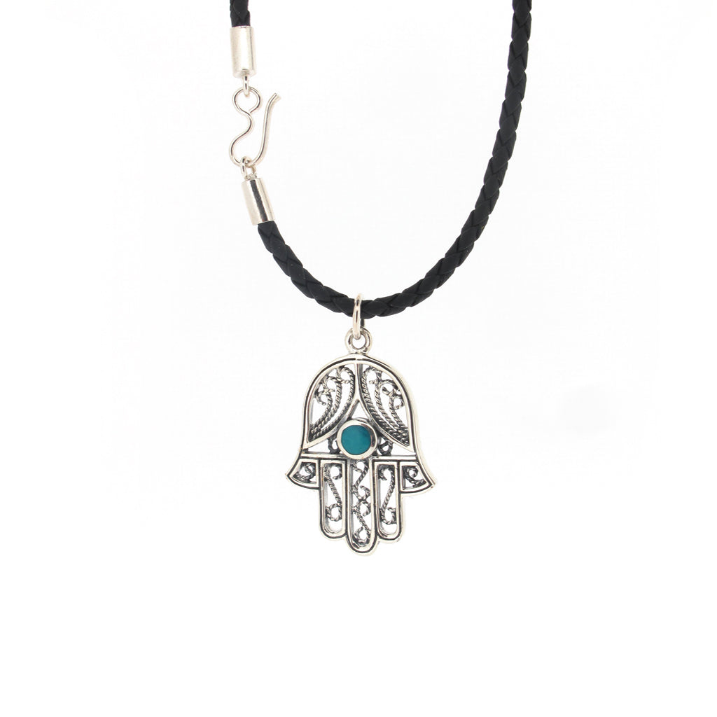 Fatima hand sterling silver pendant on leather brade with sterling silver closure