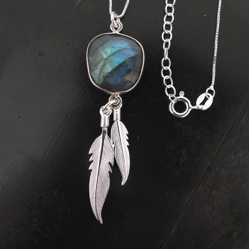 Feather Sterling Silver 925 - Labradorite stone Pendant on Silver 925 Chain