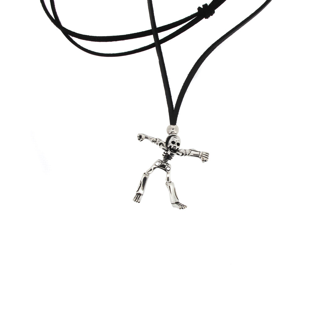 Skeleton with moving limbs sterling silver pendant on black faux suede cord