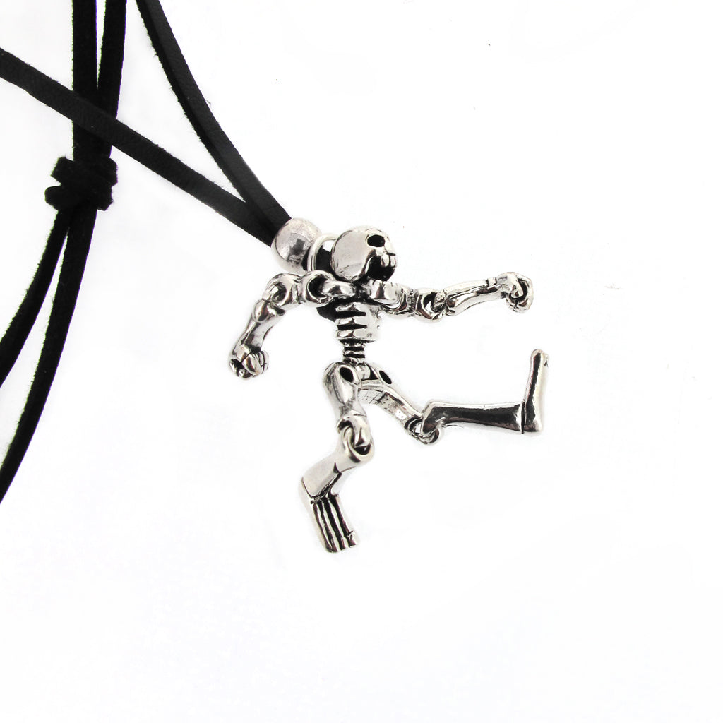 Skeleton with moving limbs sterling silver pendant on black faux suede cord