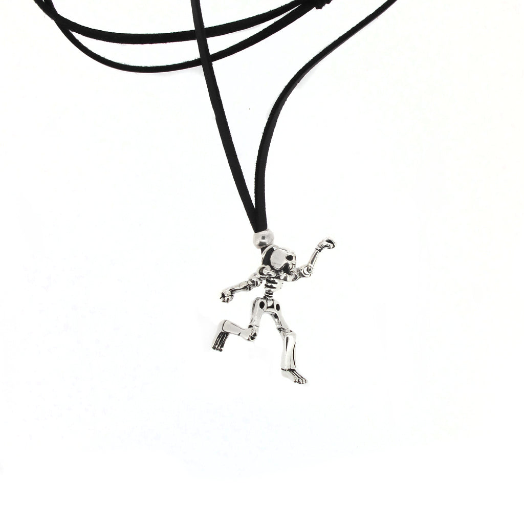 Skeleton with moving limbs sterling silver pendant on black faux suede cord