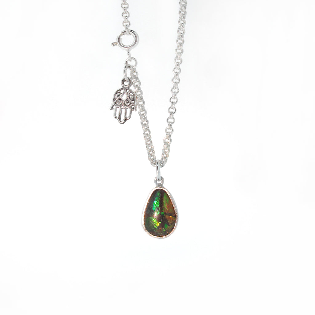 Blue-green opal pendant on sterling silver chain with Hamsa hand detail