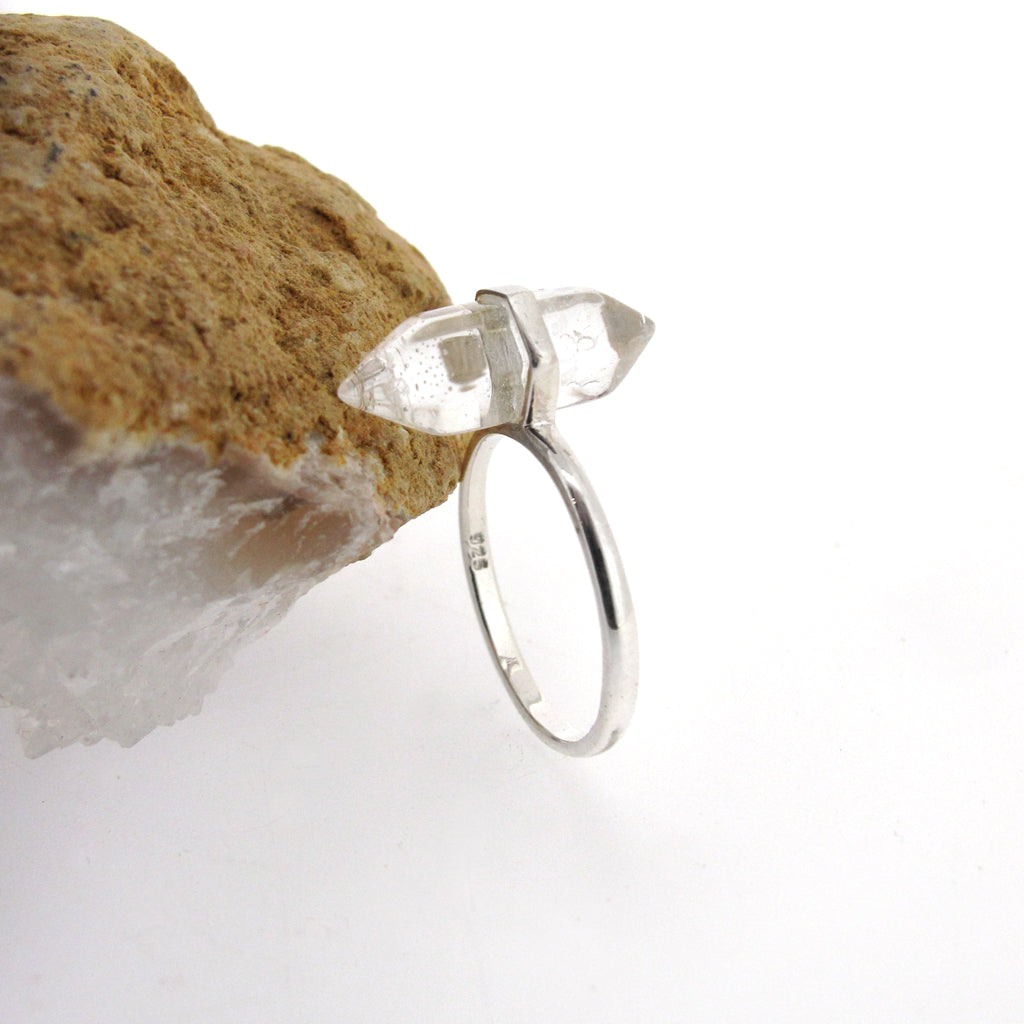 Rock crystal Quartz pencil ring, sterling silver 925