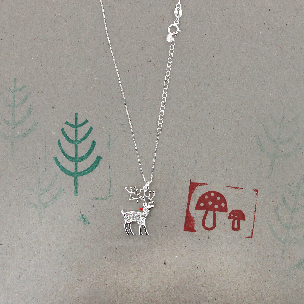 Reindeer CZ crystal Sterling Silver pendant on sterling silver chain