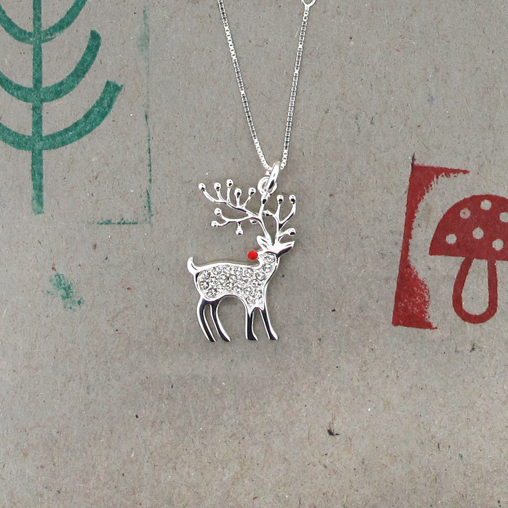 Reindeer CZ crystal Sterling Silver pendant on sterling silver chain