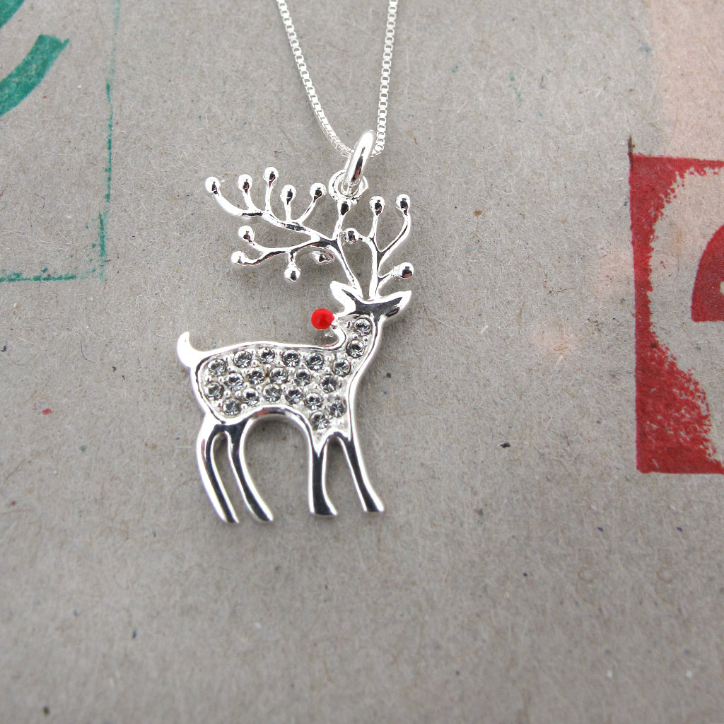 Reindeer CZ crystal Sterling Silver pendant on sterling silver chain