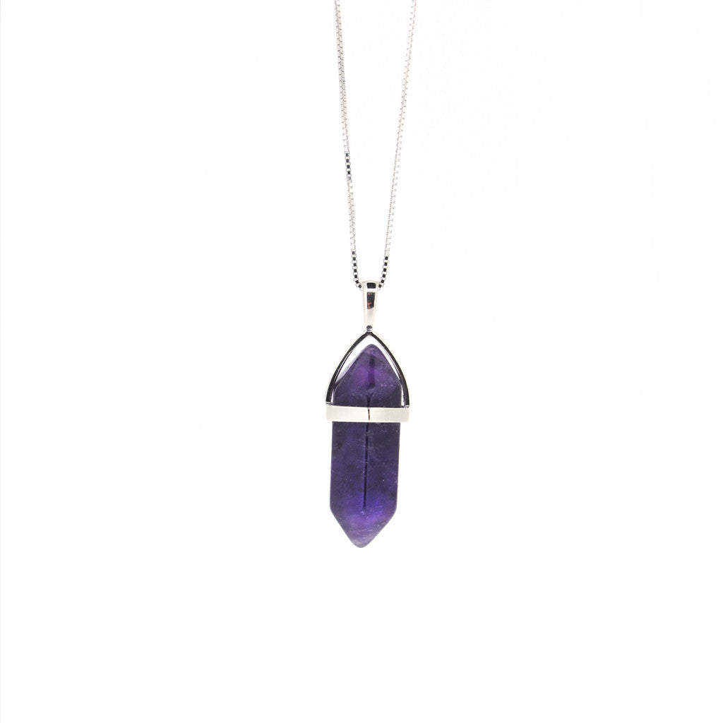 Amethyst pencil crystal, sterling silver casing and adjustable chain.