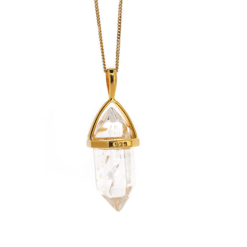 Quarts crystal pendant sterling silver and gold plate on an adjustable chain