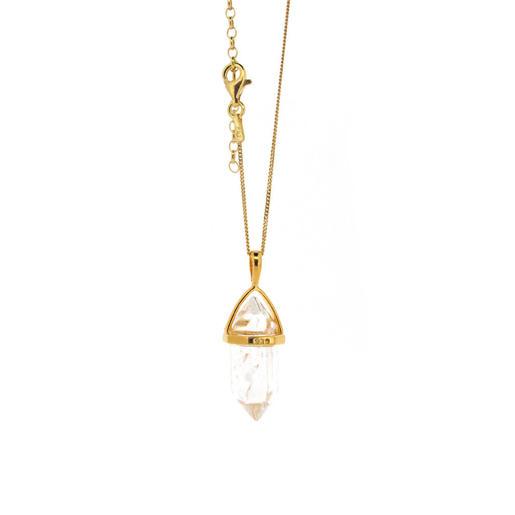 Quarts crystal pendant sterling silver and gold plate on an adjustable chain