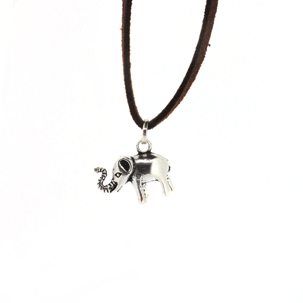 Elephant sterling silver pendant on brown faux suede cord